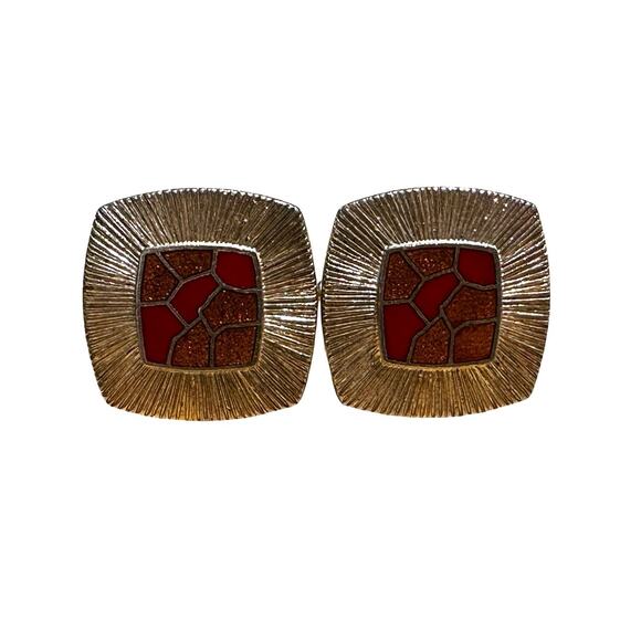 Vintage Gold and Red Square Cuff Links - Picture 1 of 4